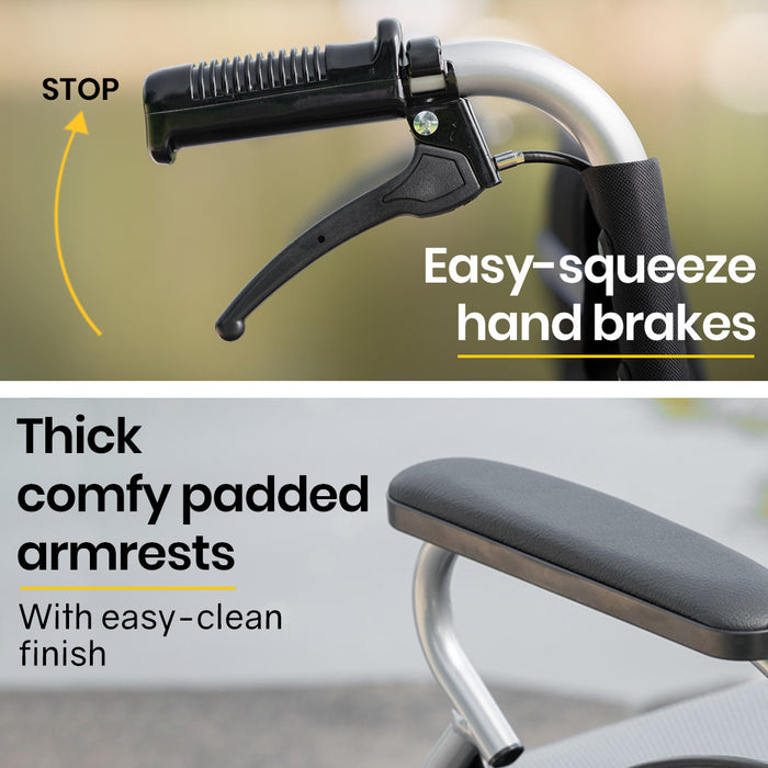 20 Inch Folding Wheelchair Lightweight Aluminium Portable With Park Brakes Black