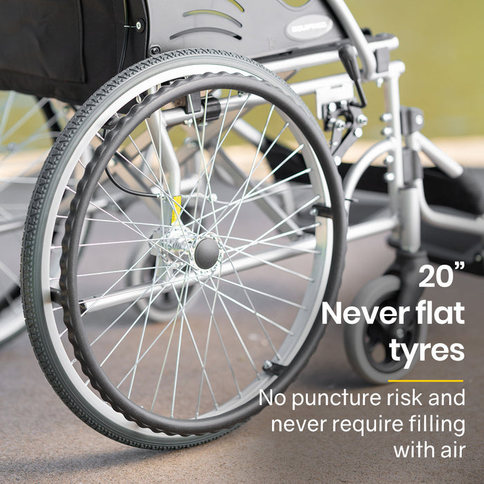 20 Inch Folding Wheelchair Lightweight Aluminium Portable With Park Brakes Black