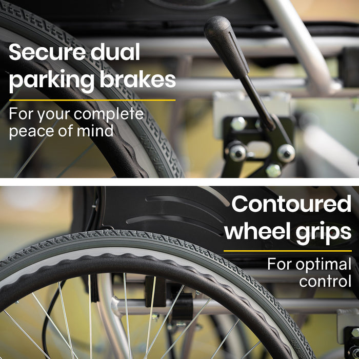 20 Inch Folding Wheelchair Lightweight Aluminium Portable With Park Brakes Black