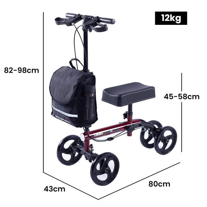 Knee Scooter Walker Dual Brakes - Bag - Broken Leg Ankle Foot Mobility - Crutches Alternative - Red