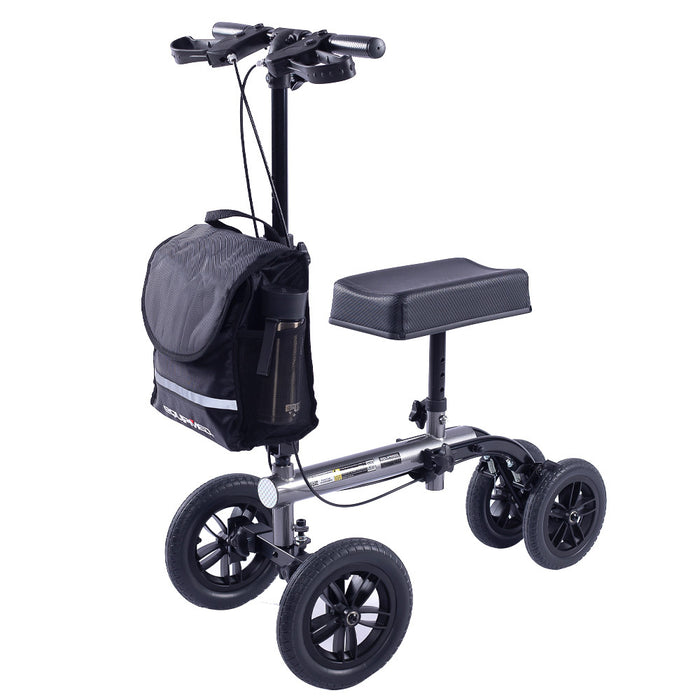 Knee Scooter Walker 10 Inch Tyres Dual Brakes Bag - Broken Leg Ankle Foot Mobility - Crutches Alternative - Titanium Colour
