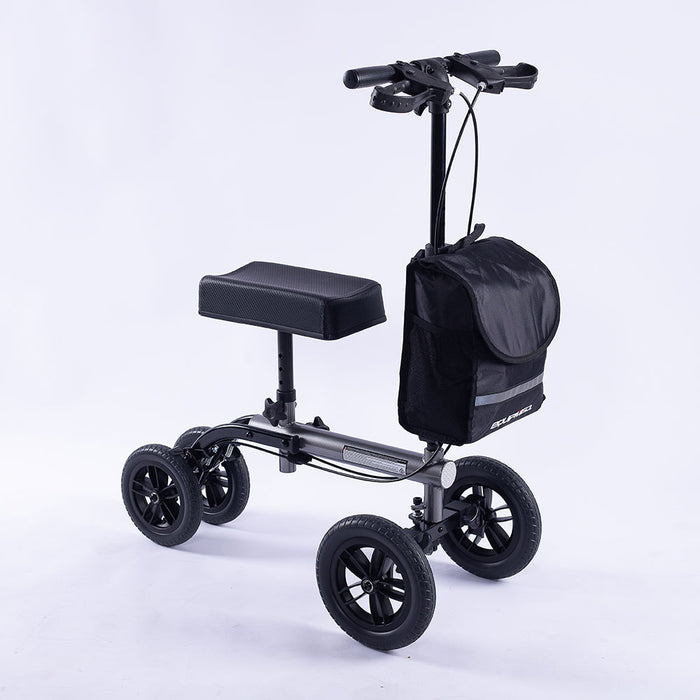 Knee Scooter Walker 10 Inch Tyres Dual Brakes Bag - Broken Leg Ankle Foot Mobility - Crutches Alternative - Titanium Colour