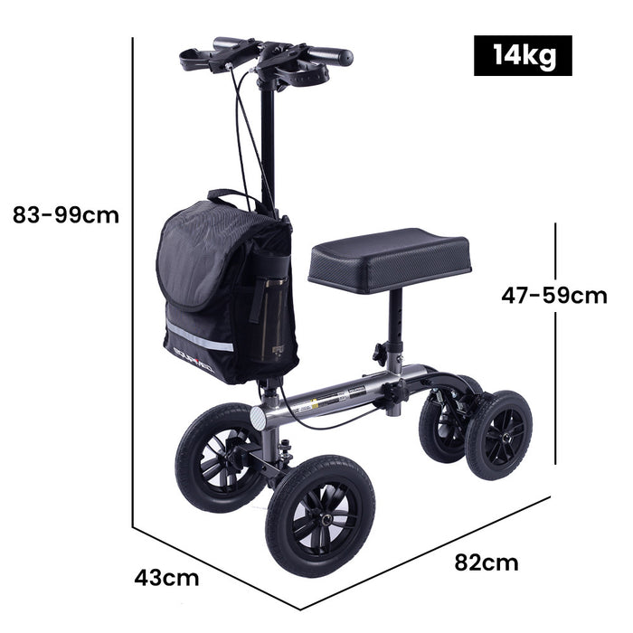 Knee Scooter Walker 10 Inch Tyres Dual Brakes Bag - Broken Leg Ankle Foot Mobility - Crutches Alternative - Titanium Colour