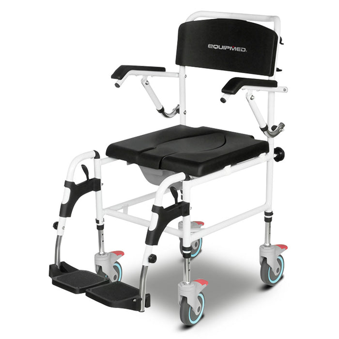 Commode Shower Chair Over Toilet Or Bedside 136Kg Capacity Aluminium Frame With Wheels Black