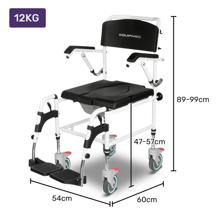 Commode Shower Chair Over Toilet Or Bedside 136Kg Capacity Aluminium Frame With Wheels Black