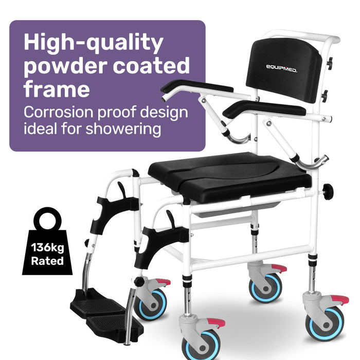 Commode Shower Chair Over Toilet Or Bedside 136Kg Capacity Aluminium Frame With Wheels Black