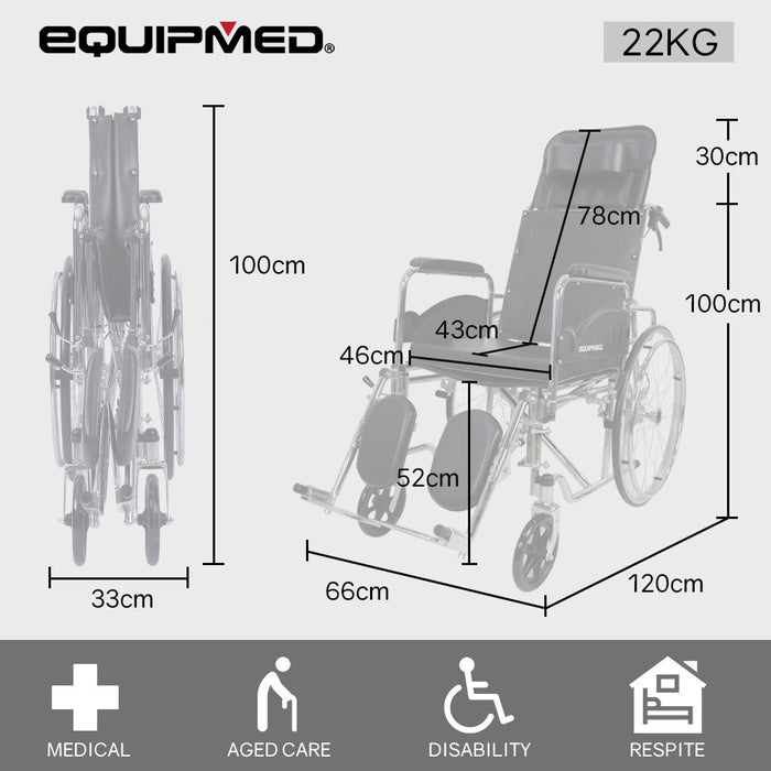 Folding Manual Reclining Wheelchair Self Propelled 24" Rear Wheels Chrome Steel Frame 46Cm Wide Seat 100Kg Capacity Park Brakes