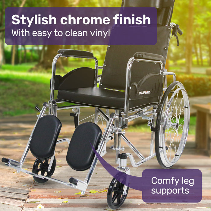 Folding Manual Reclining Wheelchair Self Propelled 24" Rear Wheels Chrome Steel Frame 46Cm Wide Seat 100Kg Capacity Park Brakes