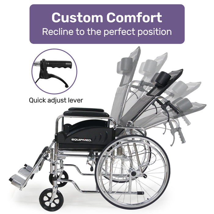 Folding Manual Reclining Wheelchair Self Propelled 24" Rear Wheels Chrome Steel Frame 46Cm Wide Seat 100Kg Capacity Park Brakes