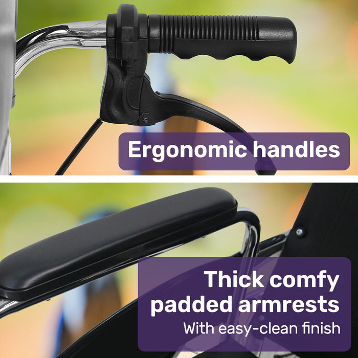 Folding Manual Reclining Wheelchair Self Propelled 24" Rear Wheels Chrome Steel Frame 46Cm Wide Seat 100Kg Capacity Park Brakes