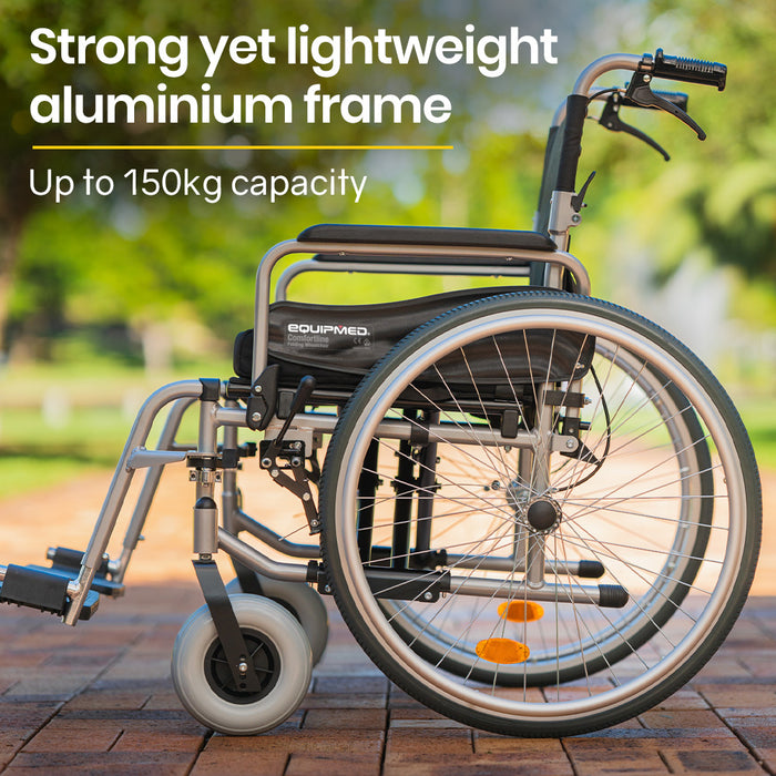 Extra-Wide Folding Wheelchair Aluminium Frame 150Kg Capacity 24 Inch Wheels Park Brakes Black