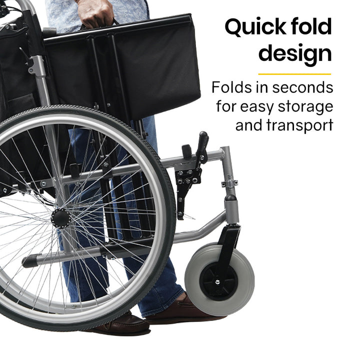 Extra-Wide Folding Wheelchair Aluminium Frame 150Kg Capacity 24 Inch Wheels Park Brakes Black