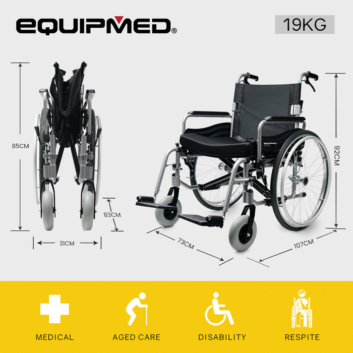 Extra-Wide Folding Wheelchair Aluminium Frame 150Kg Capacity 24 Inch Wheels Park Brakes Black