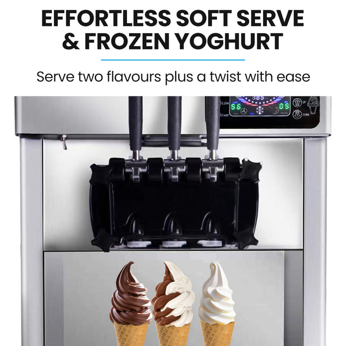 Benchtop Soft Serve Ice Cream Machine 3 Flavours 2+Twist Frozen Yoghurt Acai Maker Twin Cylinder Counter Top Design 15A Plug
