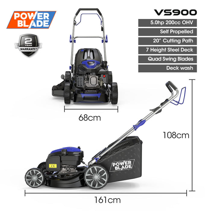 20" 200Cc Self-Propelled Lawn Mower 7 Height Steel Deck Deck Wash Port Ohv 4-Stroke Petrol - Vs900