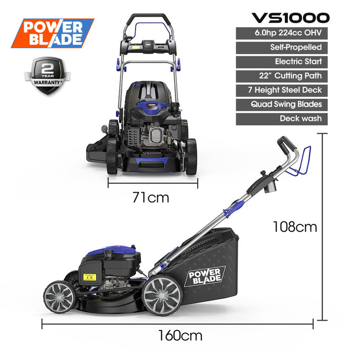 22" 224Cc Self-Propelled Lawn Mower Electric Start 7 Height Steel Deck Deck Wash Port Ohv 4-Stroke Petrol - Vs1000