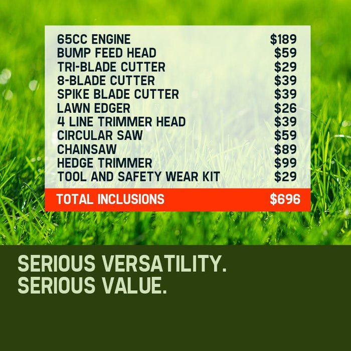 65Cc 9In1 Long Reach Garden Multi-Tool Pole Saw Hedge & Line Trimmer Brush Cutter 12 Inch Tree Trimming Pruning Chainsaw Bar 2 Extension Shafts