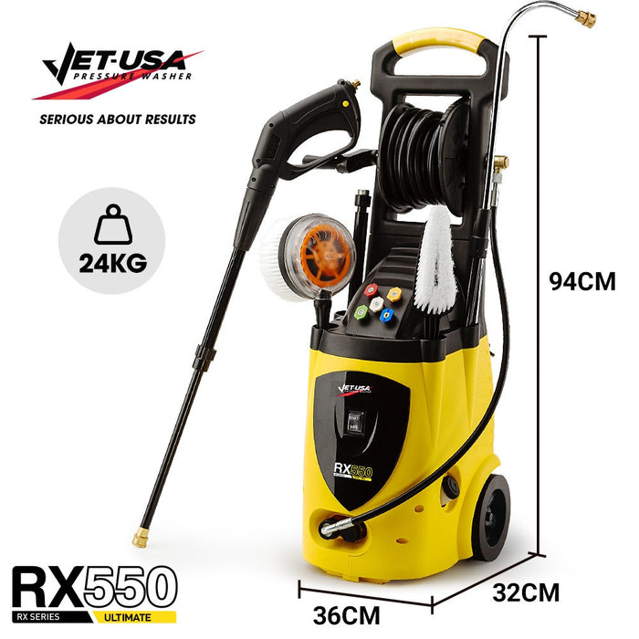 Rx550 Electric High Pressure Washer 3500Psi Ultimate Pack 5 Nozzles Spin & Wheel Brush Deck Cleaner Turbo Head Angled Lance 30M Hose Reach