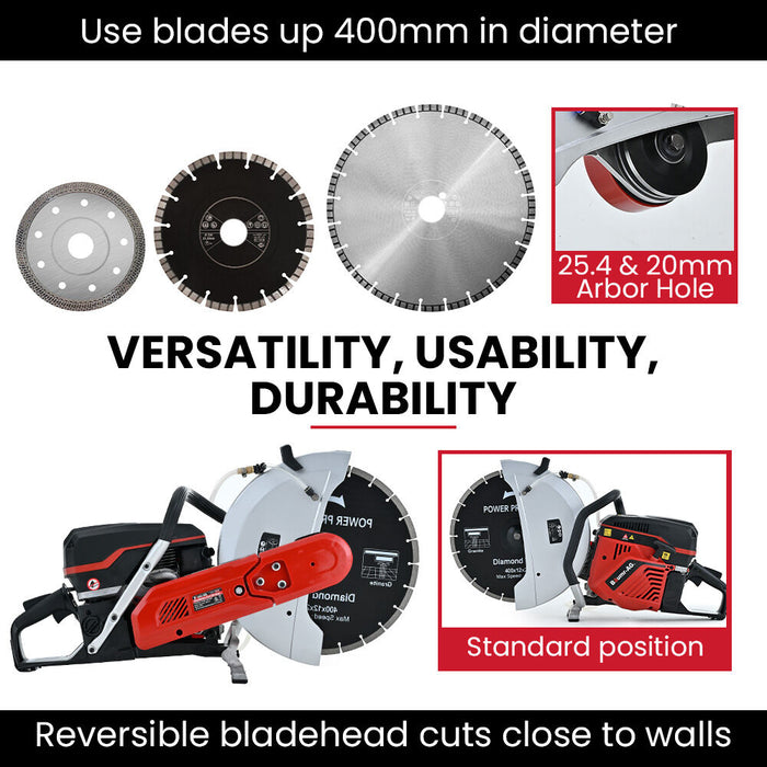 400Mm Professional Concrete Demolition Saw 94Cc 2-Stroke Wet And Dry Demo Cutting 16 Inch Diamond Blade Anti-Vibration System