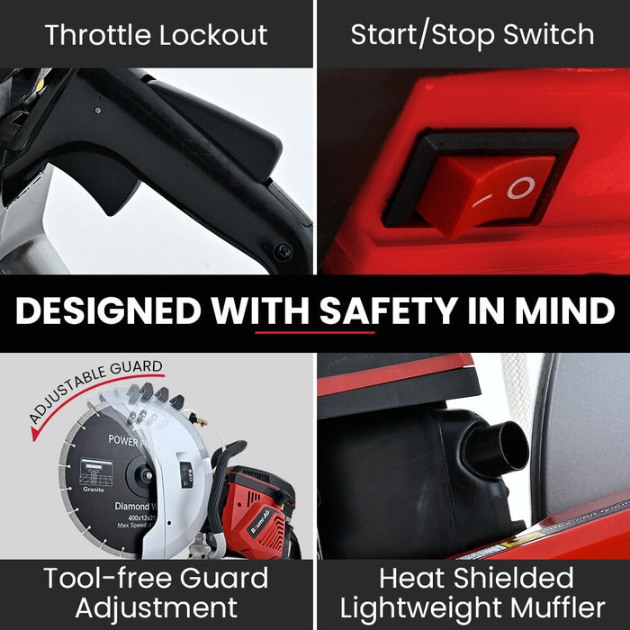 400Mm Professional Concrete Demolition Saw 94Cc 2-Stroke Wet And Dry Demo Cutting 16 Inch Diamond Blade Anti-Vibration System