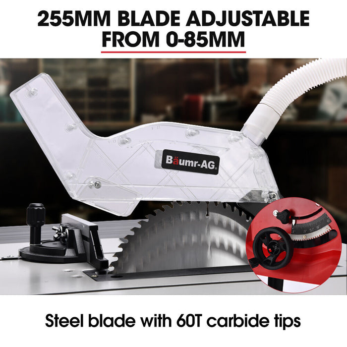 2000W 255Mm 10" Compound Table Saw With Stand Expandable Worktop Vacuum Port 45 Degree Bevel + / - 45 Degree Mitre Anti-Tip