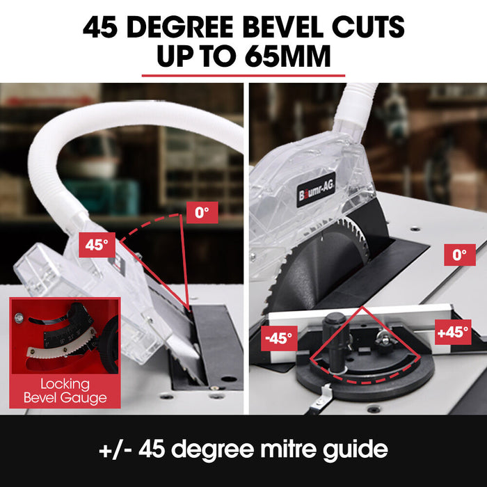 2000W 255Mm 10" Compound Table Saw With Stand Expandable Worktop Vacuum Port 45 Degree Bevel + / - 45 Degree Mitre Anti-Tip