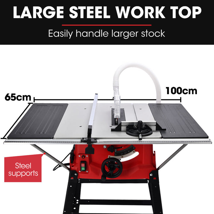 2000W 255Mm 10" Compound Table Saw With Stand Expandable Worktop Vacuum Port 45 Degree Bevel + / - 45 Degree Mitre Anti-Tip