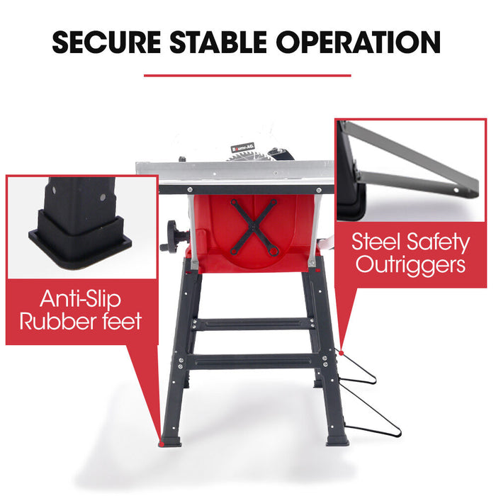 2000W 255Mm 10" Compound Table Saw With Stand Expandable Worktop Vacuum Port 45 Degree Bevel + / - 45 Degree Mitre Anti-Tip