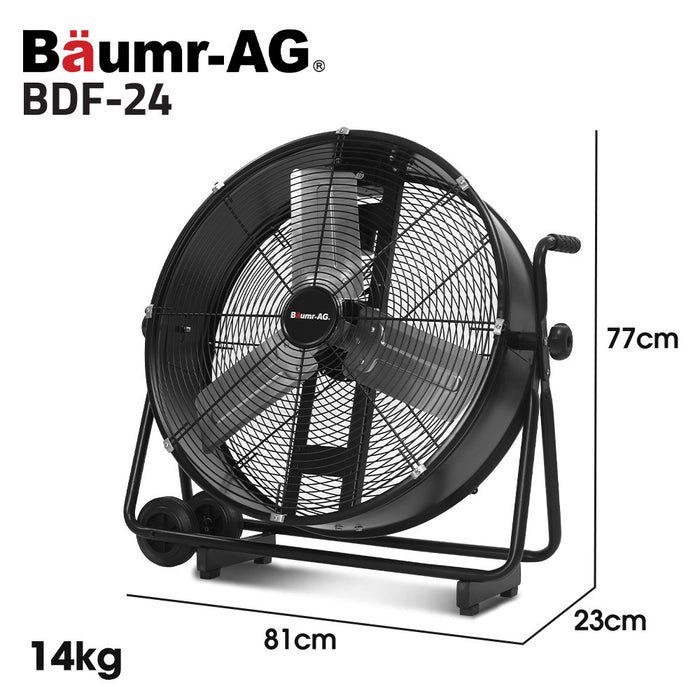 24 Inch 610Mm 260W Industrial Mobile Floor Drum Fan Tilting Large Commercial Heavy-Duty Frame Eess Certified