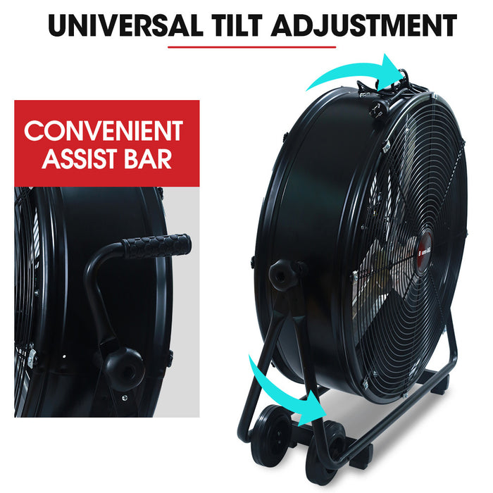 24 Inch 610Mm 260W Industrial Mobile Floor Drum Fan Tilting Large Commercial Heavy-Duty Frame Eess Certified
