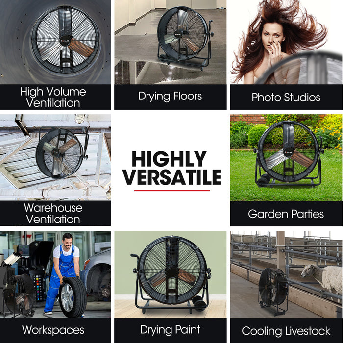 24 Inch 610Mm 260W Industrial Mobile Floor Drum Fan Tilting Large Commercial Heavy-Duty Frame Eess Certified