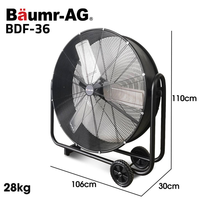 36 Inch 914Mm Industrial Mobile Floor Drum Fan 290W Brushless Motor Tilting Large Commercial Heavy-Duty Frame Eess Certified