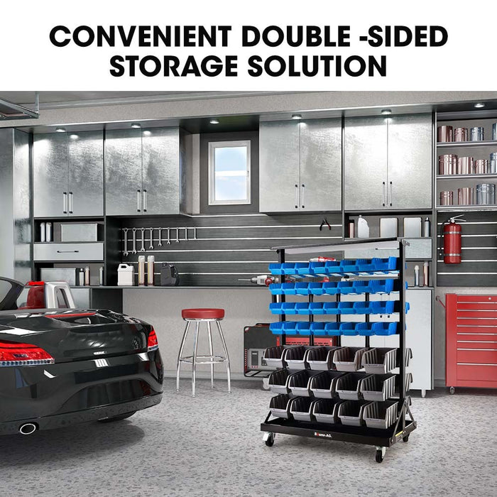 94 Parts Bin Rack Storage System Mobile Double-Sided - Blue