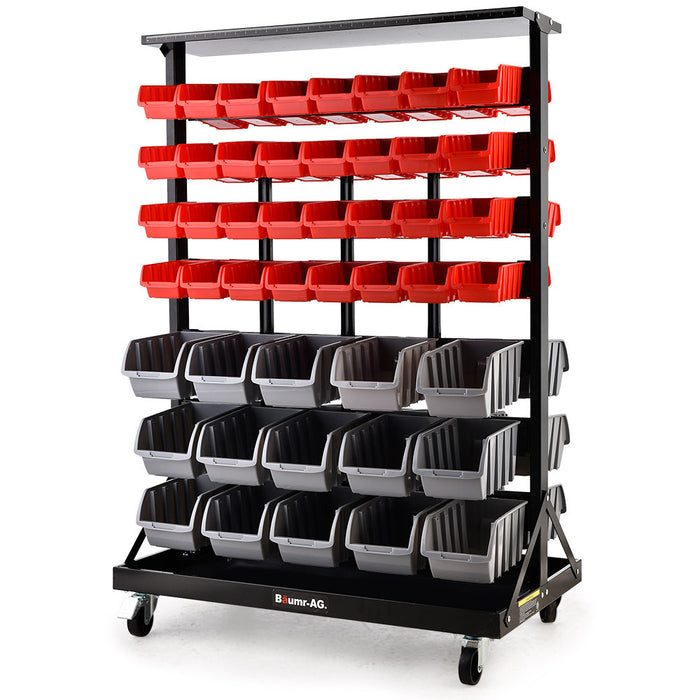 94 Parts Bin Rack Storage System Mobile Double-Sided - Red