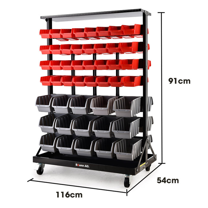 94 Parts Bin Rack Storage System Mobile Double-Sided - Red