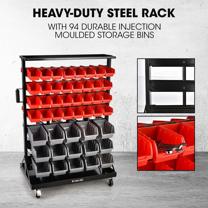 94 Parts Bin Rack Storage System Mobile Double-Sided - Red