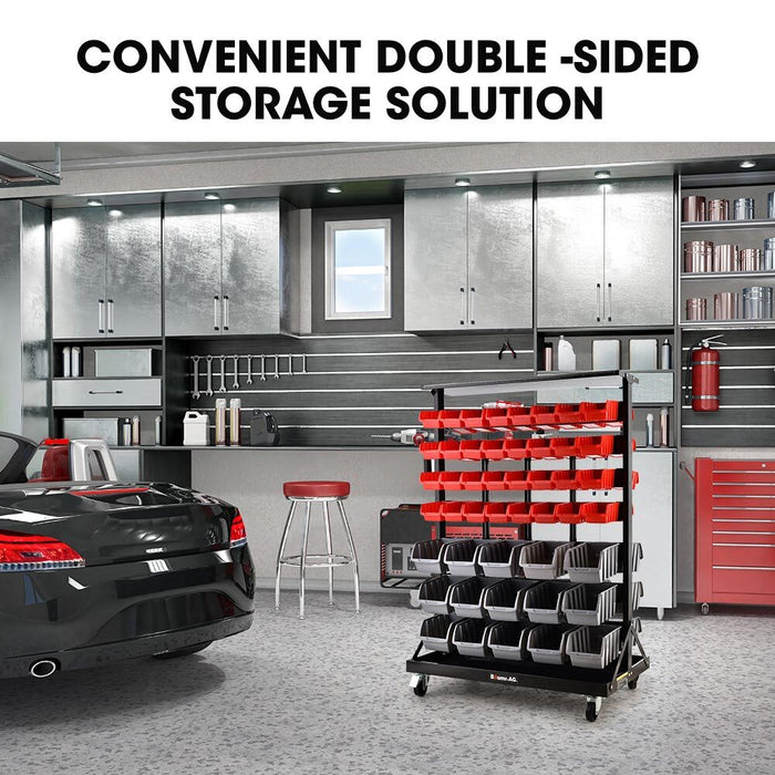 94 Parts Bin Rack Storage System Mobile Double-Sided - Red