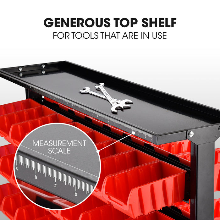 94 Parts Bin Rack Storage System Mobile Double-Sided - Red