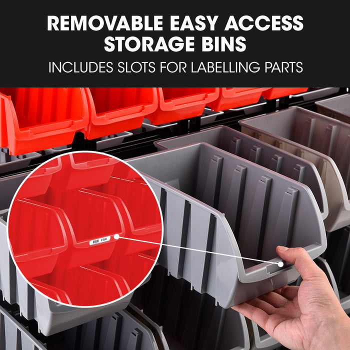 94 Parts Bin Rack Storage System Mobile Double-Sided - Red