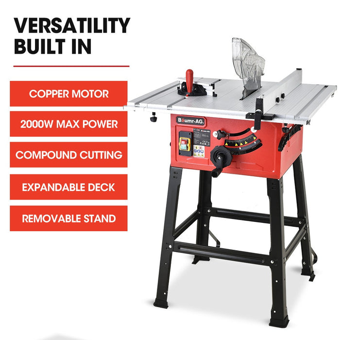 2000W 254Mm Corded Table Saw With Stand Extendable Laser Guide
