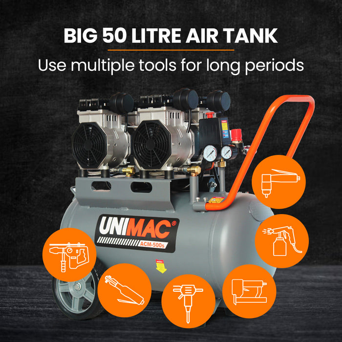 50L 3.0Hp Silent Oil-Free Electric Air Compressor Portable Twin Nitto Outlets