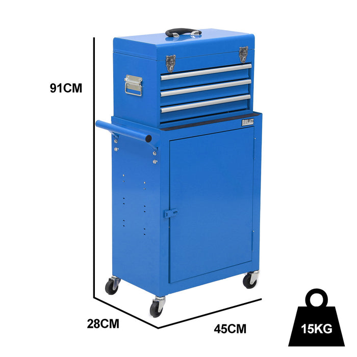 3 Drawer Tool Box Cabinet Trolley Storage With 1-Door Toolbox Garage Organiser Set Blue