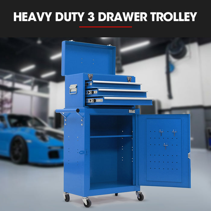 3 Drawer Tool Box Cabinet Trolley Storage With 1-Door Toolbox Garage Organiser Set Blue