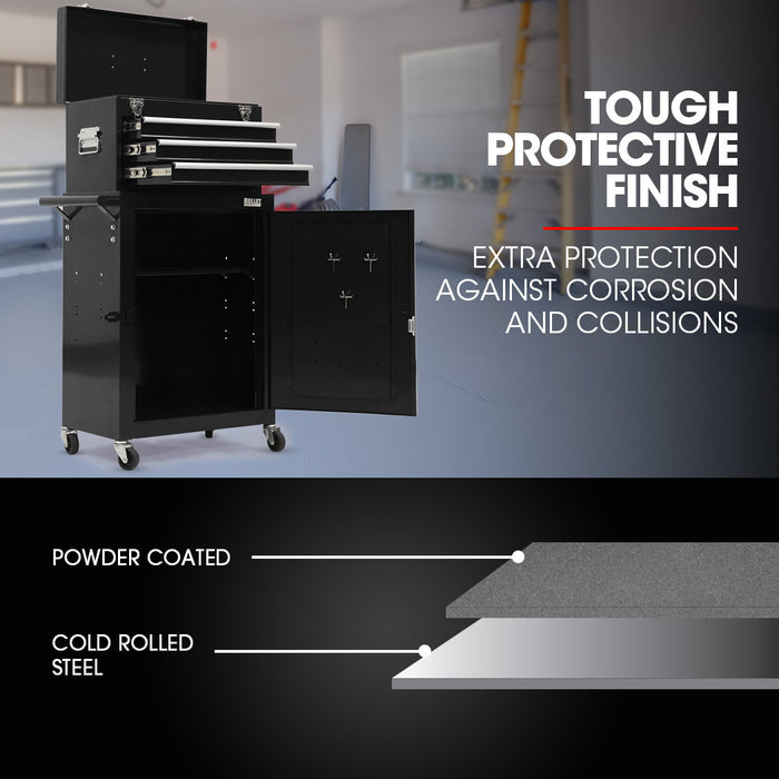 3 Drawer Tool Box Cabinet Trolley Storage With 1-Door Toolbox Garage Organiser Set Black