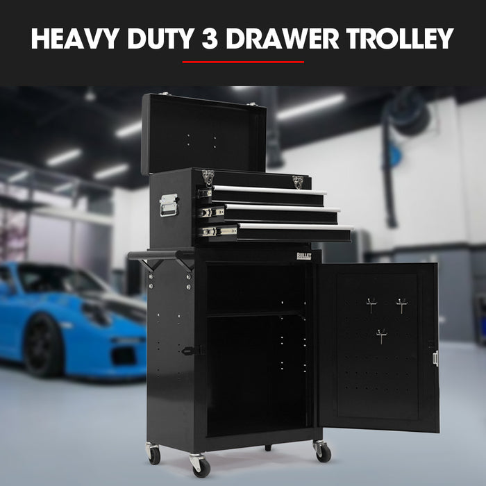 3 Drawer Tool Box Cabinet Trolley Storage With 1-Door Toolbox Garage Organiser Set Black