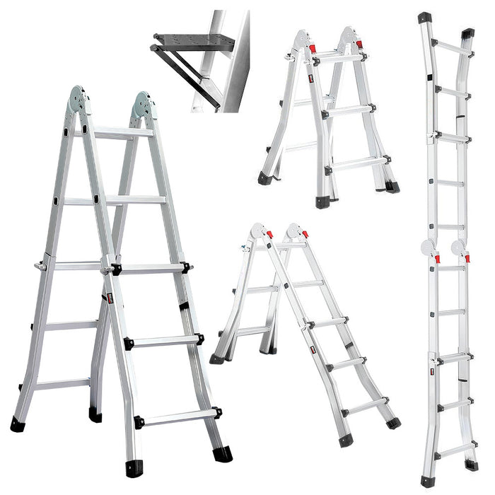 2.9M Folding Aluminium Multipurpose Ladder With Workshelf Platform Spring Assisted Rapid Safety Lock Adjusters