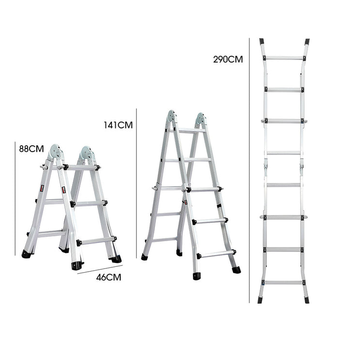 2.9M Folding Aluminium Multipurpose Ladder With Workshelf Platform Spring Assisted Rapid Safety Lock Adjusters