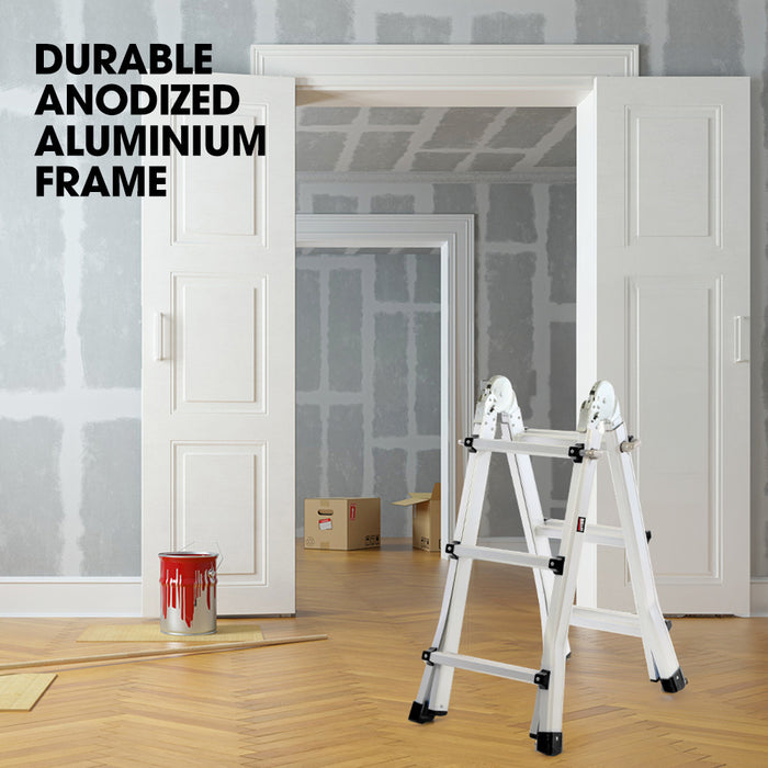 2.9M Folding Aluminium Multipurpose Ladder With Workshelf Platform Spring Assisted Rapid Safety Lock Adjusters