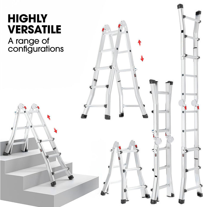 2.9M Folding Aluminium Multipurpose Ladder With Workshelf Platform Spring Assisted Rapid Safety Lock Adjusters