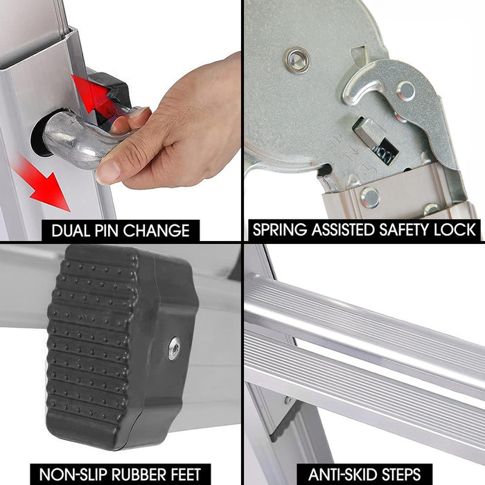 2.9M Folding Aluminium Multipurpose Ladder With Workshelf Platform Spring Assisted Rapid Safety Lock Adjusters